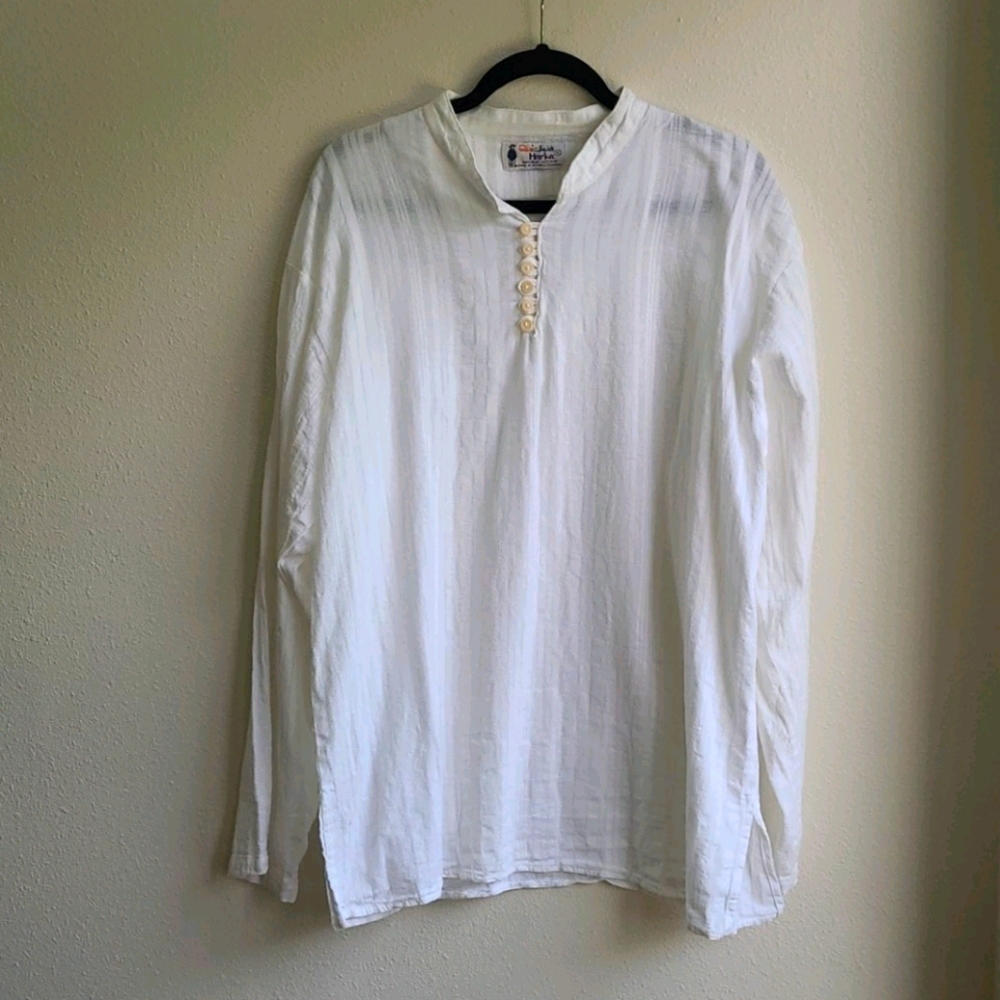 White Pima Cotton Grandad Long Sleeve Shirt XL